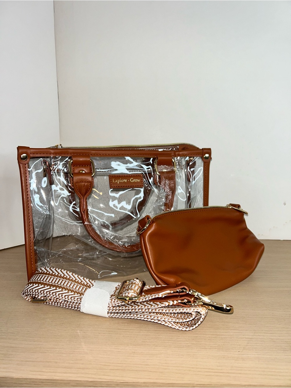 Clear Tote Bag with Tan Leather Trim and Removable Pouch